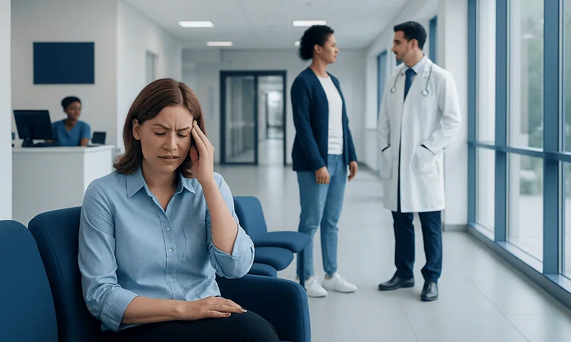 Woman with headache in a hospital waiting area.