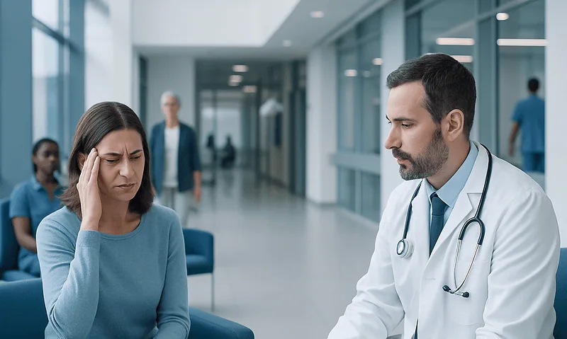 Doctor consulting a woman with headache in hospital corridor.