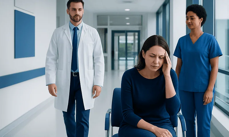 Patient experiencing headache with medical staff in hospital corridor.