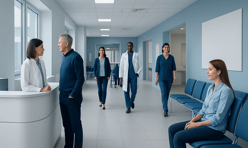 Hospital corridor with medical staff and patient waiting area.
