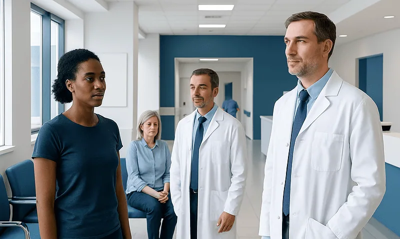 Doctor talking to a patient in a hospital corridor with medical staff nearby.