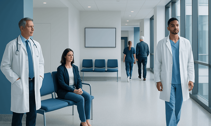 Medical professionals and patients in a modern hospital corridor.