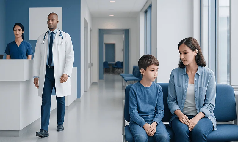 Child and mother in hospital waiting area with medical staff nearby.