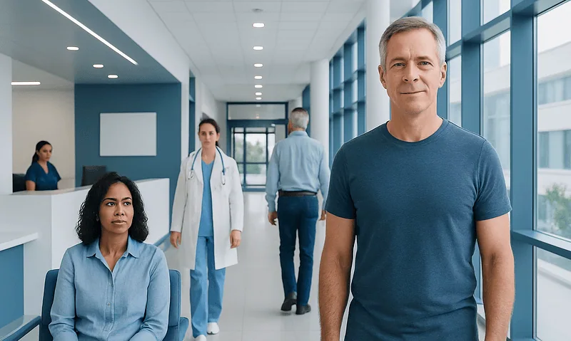 Heart Health After 40: Prevention Tips, Risk Factors, and Screening Tests 8 Healthy man and diverse medical staff in hospital corridor.