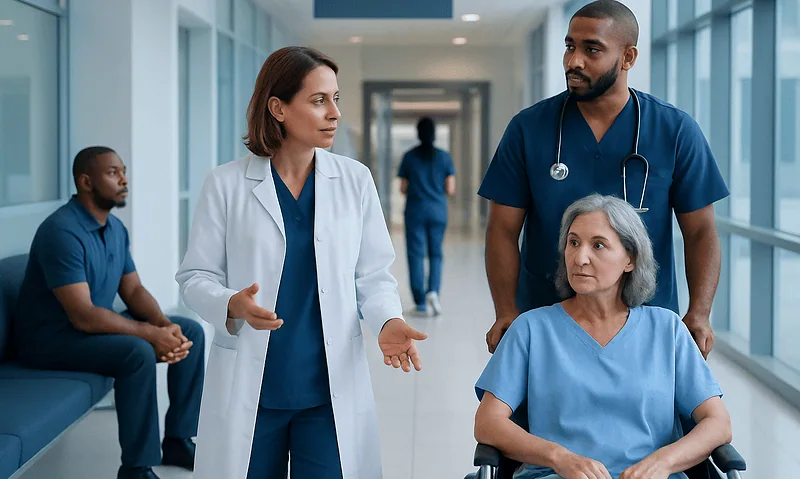 Medical team discussing patient care in hospital corridor.