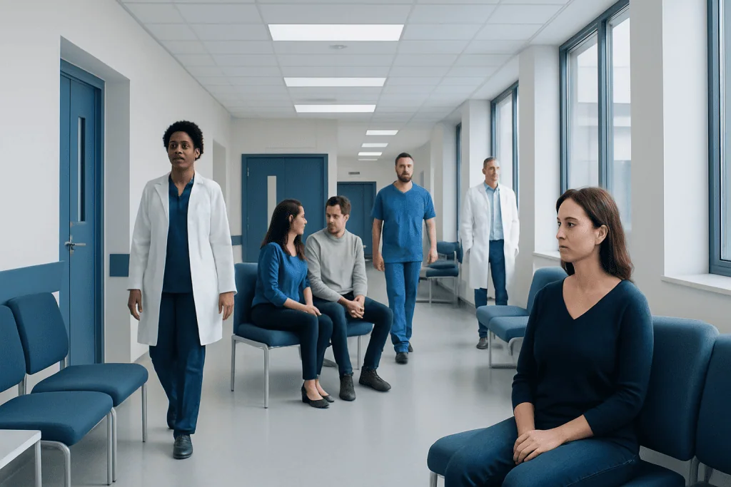 Hormonal Imbalance Myths: What Hormones Can Affect and What They Cannot 1 Patients waiting in a hospital corridor with medical staff present.