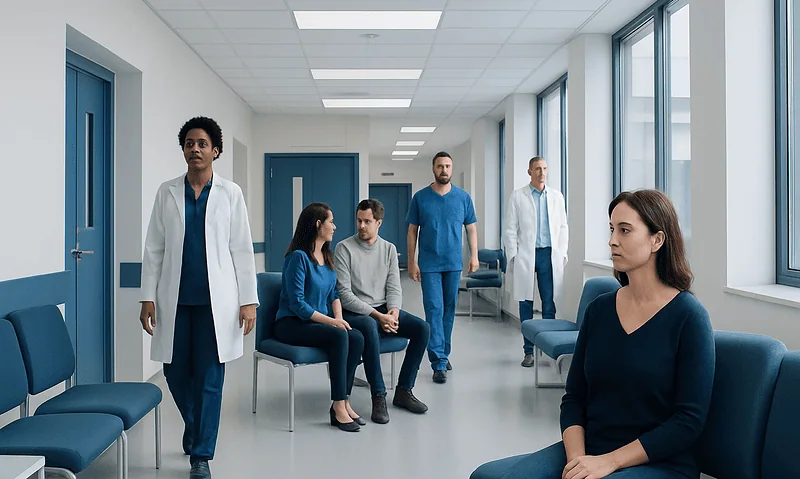 Patients waiting in a hospital corridor with medical staff present.