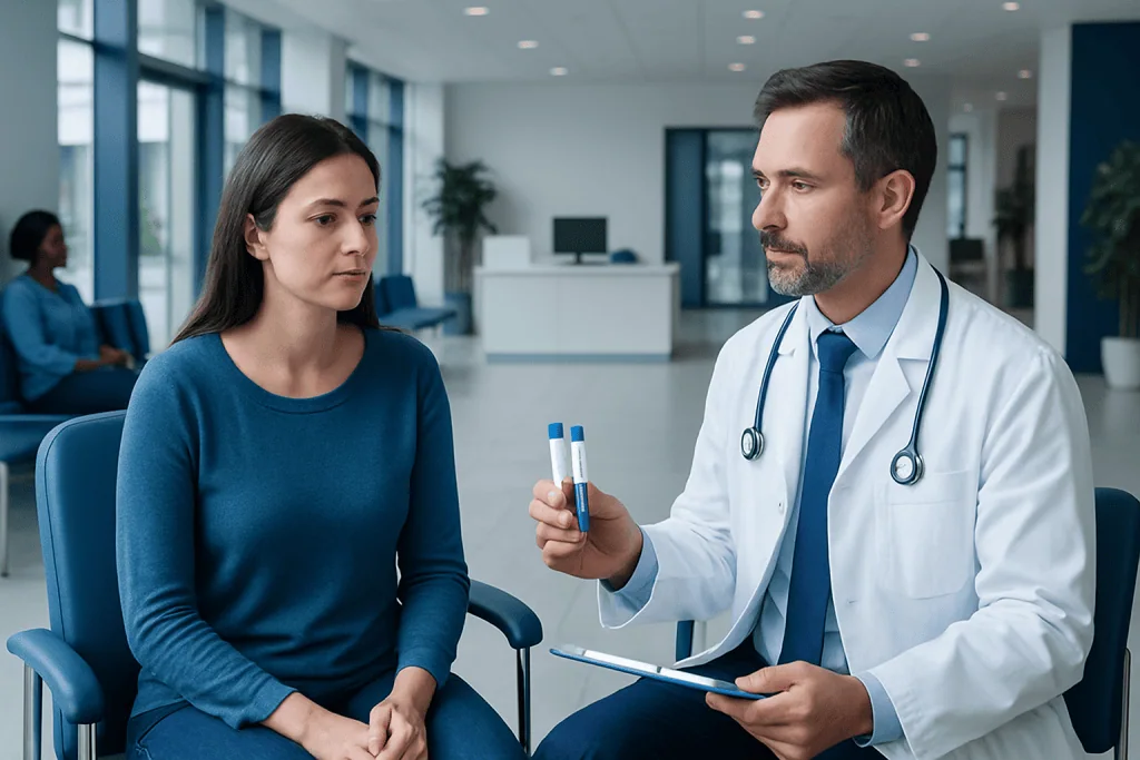 Thyroid and Prolactin Testing Before IVF: Why Hormone Balance Matters 1 Doctor explaining thyroid test results to a woman patient in a clinic.