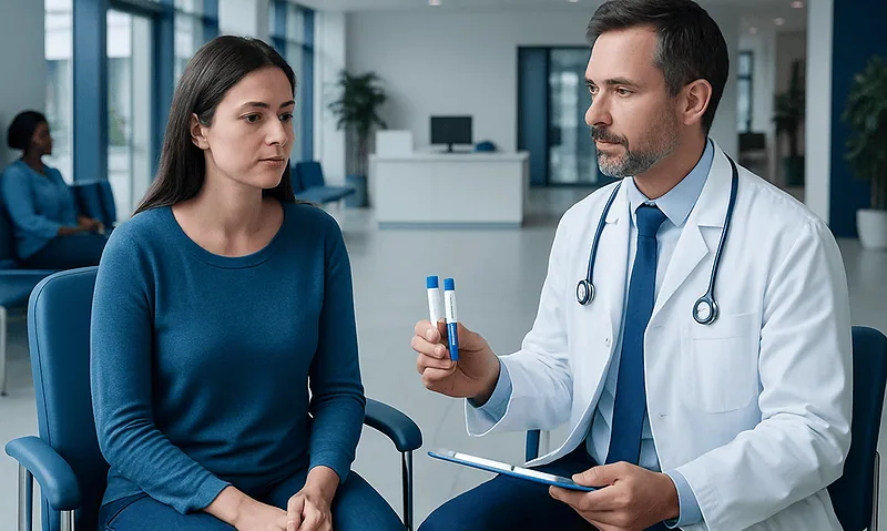 Doctor explaining thyroid test results to a woman patient in a clinic.