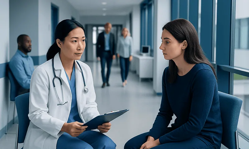 Doctor consulting with a patient in a hospital corridor.