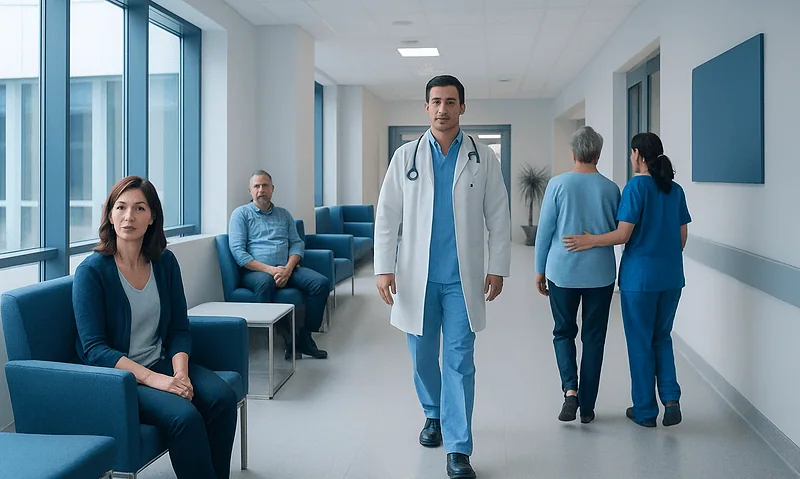Medical staff and patients in a hospital corridor with blue decor.