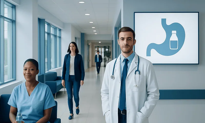 Healthcare professionals in a hospital corridor with a stomach health graphic on screen.