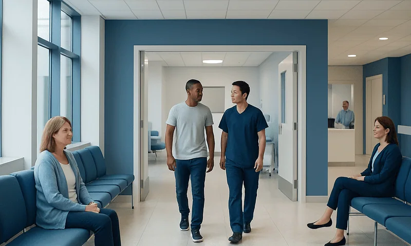 Hospital corridor with patients and staff in a modern medical facility.