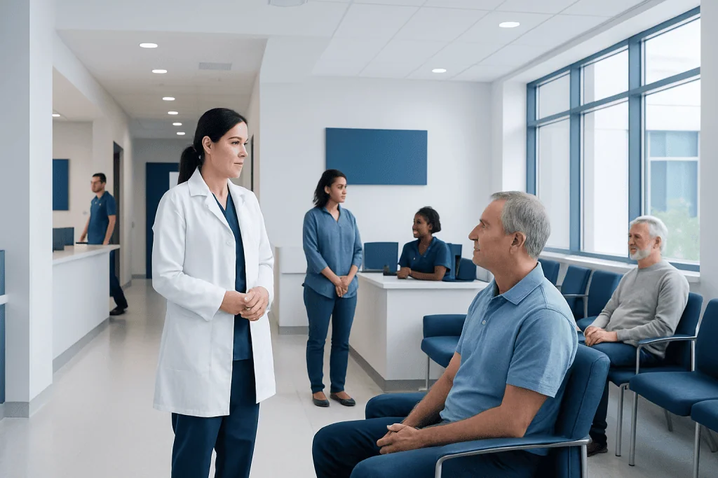 How to Prepare for a Medical Imaging Test: Fasting, Contrast, and Medications 1 Doctor consulting with a patient in a modern hospital waiting area.