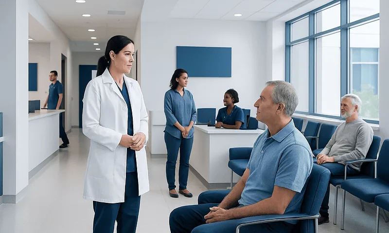 Doctor consulting with a patient in a modern hospital waiting area.