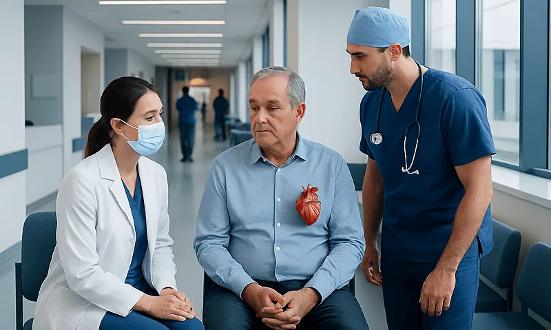 Doctor and nurse consulting with patient in hospital corridor.