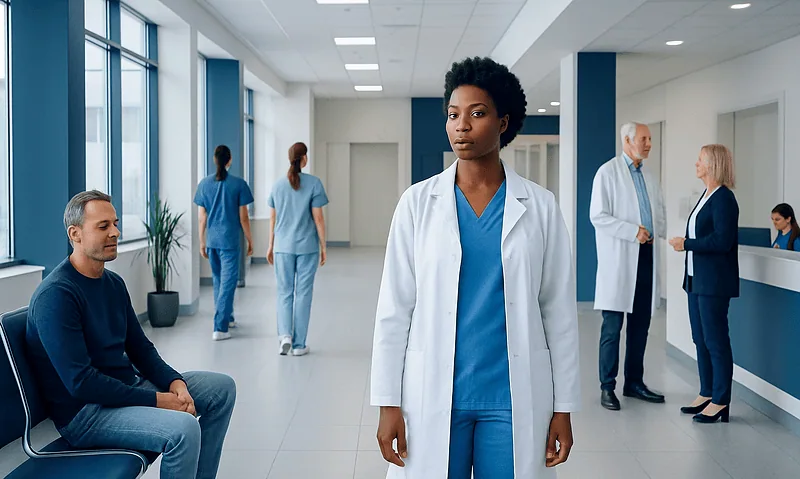 Diverse healthcare professionals and patients in a modern hospital corridor.