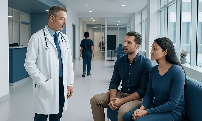 Doctor consulting a couple in a modern hospital corridor.