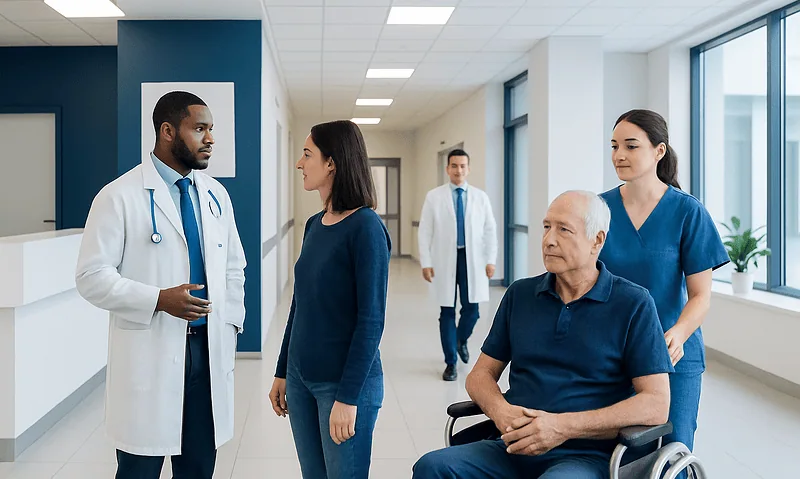 Medical team consulting with patient in hospital corridor.
