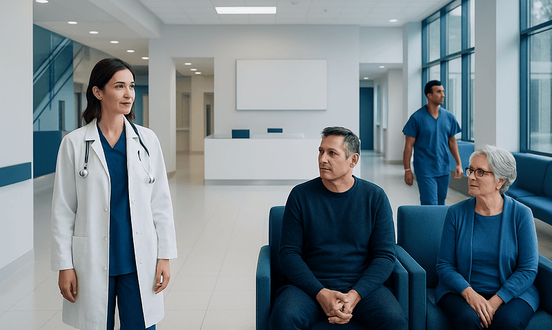 Doctor consulting with patients in a modern hospital waiting area.