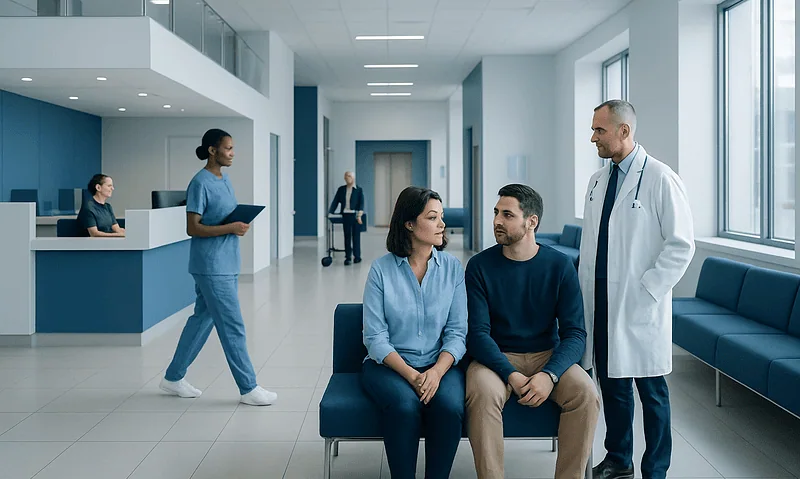 Patients consulting with doctor in modern hospital lobby.