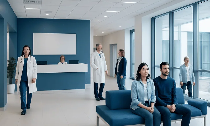Modern hospital lobby with patients and medical staff in a bright, spacious setting.