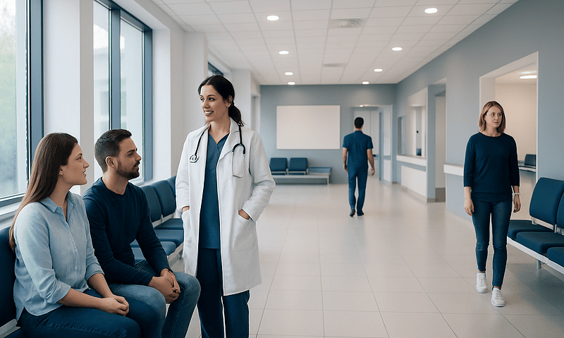 Medical consultation at Acibadem Hospital with doctor and patients.