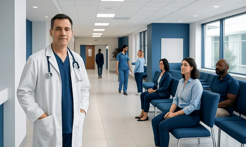 Medical professional in hospital corridor with patients waiting.