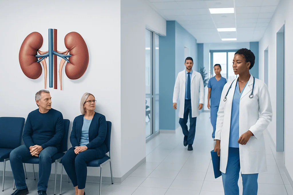 Kidney Disease Tests: How Doctors Diagnose CKD and Kidney Damage 1 Doctors and patients in a hospital corridor with kidney diagram on the wall.