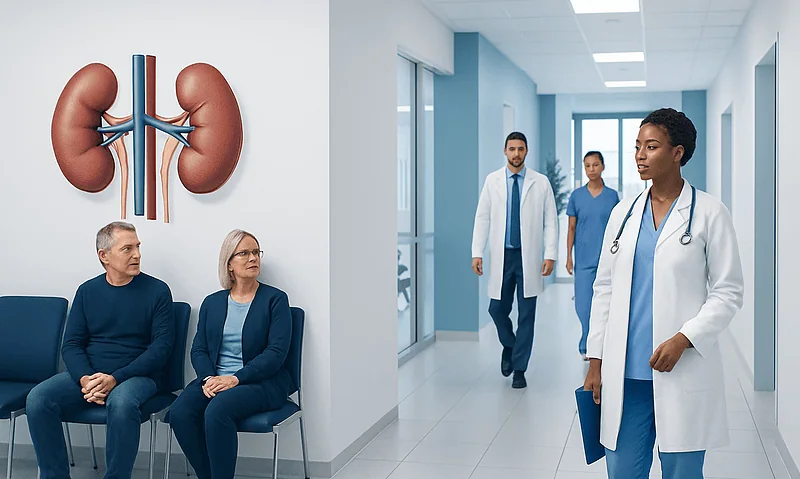 Kidney Disease Tests: How Doctors Diagnose CKD and Kidney Damage 11 Doctors and patients in a hospital corridor with kidney diagram on the wall.