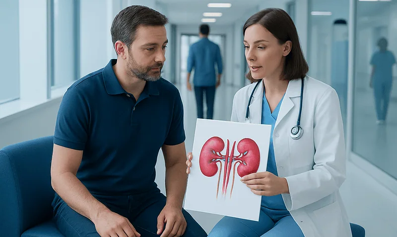 Doctor explaining kidney health to patient in hospital corridor.