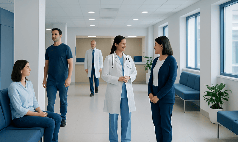 Medical team discussing patient care in a modern hospital corridor.