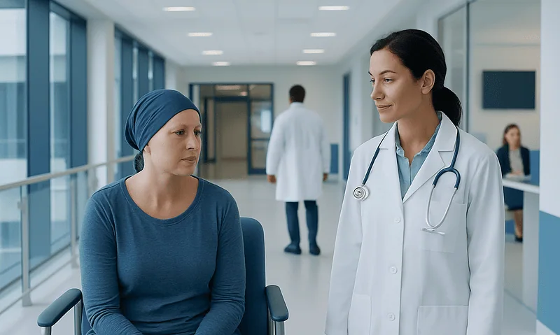 Patient talking to doctor in hospital corridor during consultation.