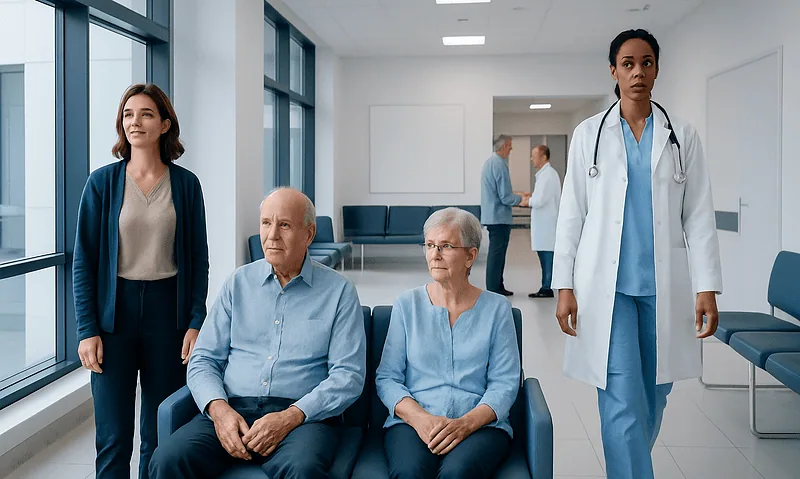 Diverse group of patients and healthcare professionals in a hospital corridor.