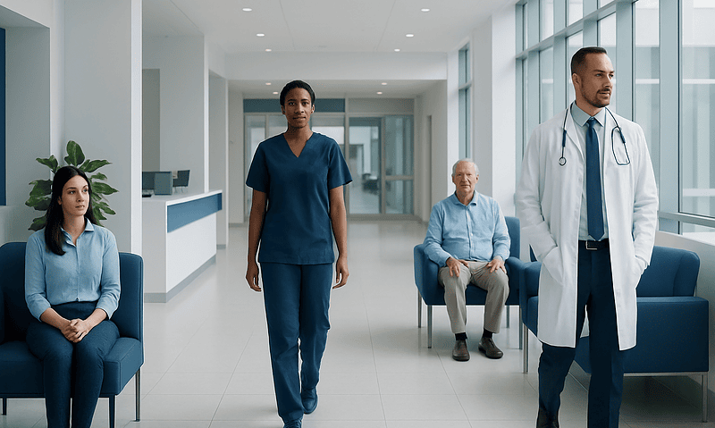 Health Library 2 Healthcare professionals and patients in a modern hospital corridor.