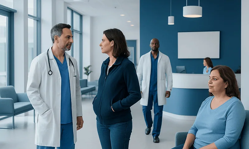 Doctor consulting with a woman patient in a modern hospital lobby.