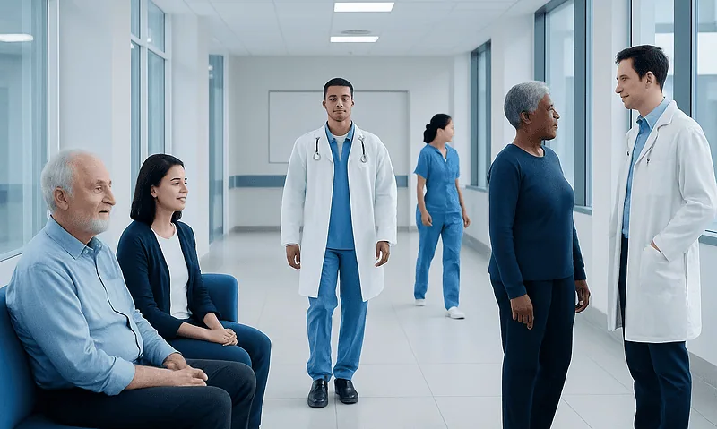 Medical professionals and patients in a hospital corridor.