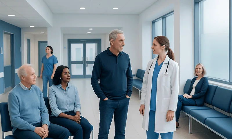 Patients and doctor in a hospital waiting area at Acibadem Hospitals Group.