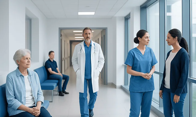 Hospital corridor with medical staff and patients engaging in conversation.