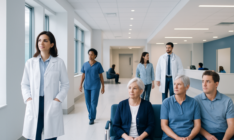 Diverse medical staff and patients in a modern hospital corridor.