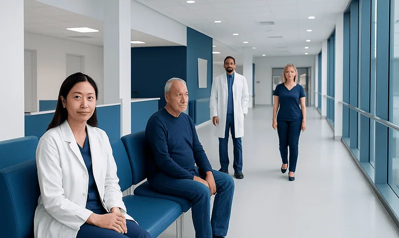 Diverse medical team in modern hospital corridor with large windows.