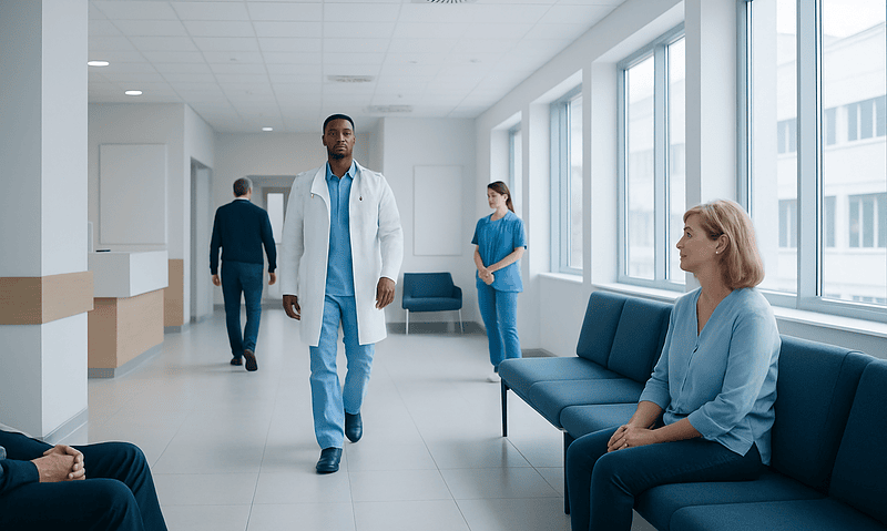 Healthcare professionals and patients in a modern hospital corridor.