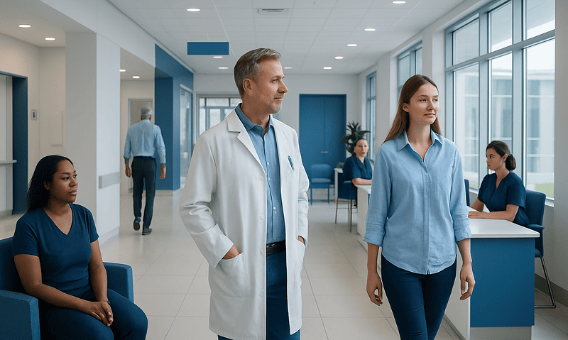 Medical professionals and staff in a modern hospital corridor.