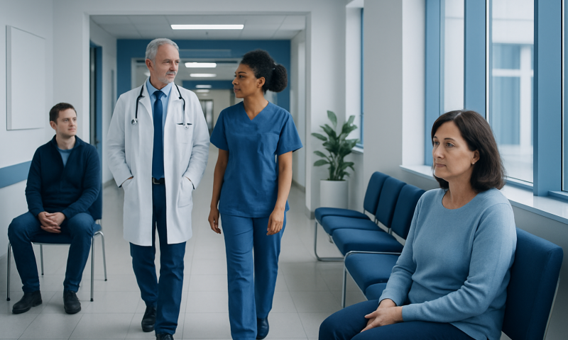 Medical professionals and patient in hospital corridor at Acibadem Hospitals Group.