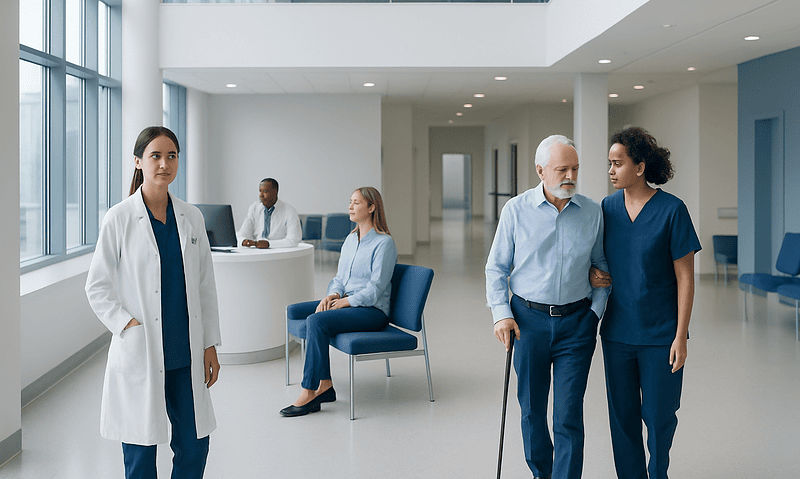 Healthcare professionals and patients in a modern hospital lobby.