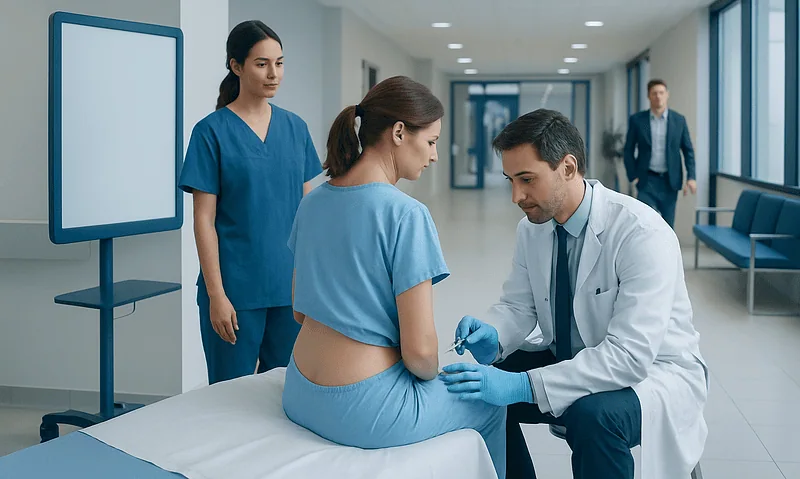 Doctor performs lumbar puncture on patient in hospital corridor.
