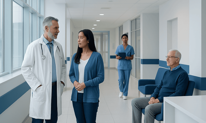 Doctor consulting with a patient in a hospital corridor with nurse in background.
