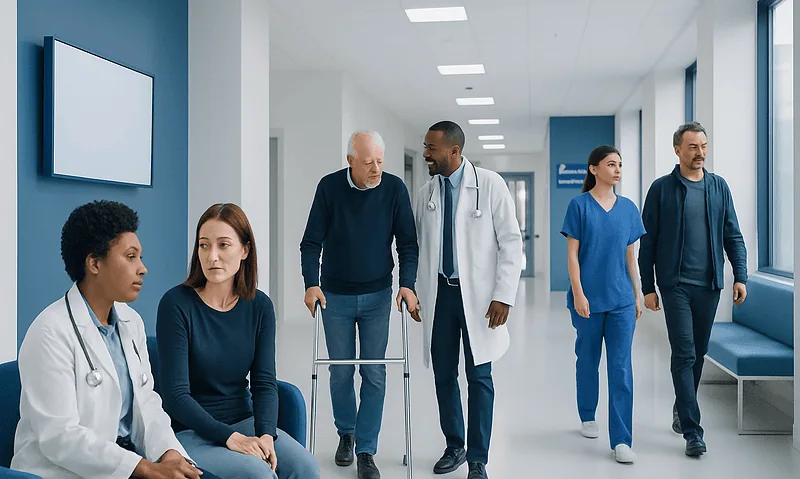 Medical team and patient in hospital corridor at Acibadem Hospitals Group.