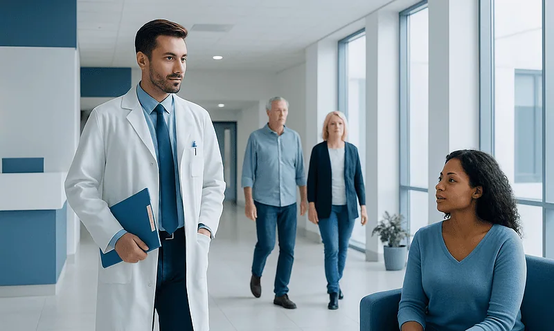 Doctor consulting with a patient in a modern hospital corridor.