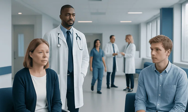 Medical consultation with doctors and patients in a hospital setting.